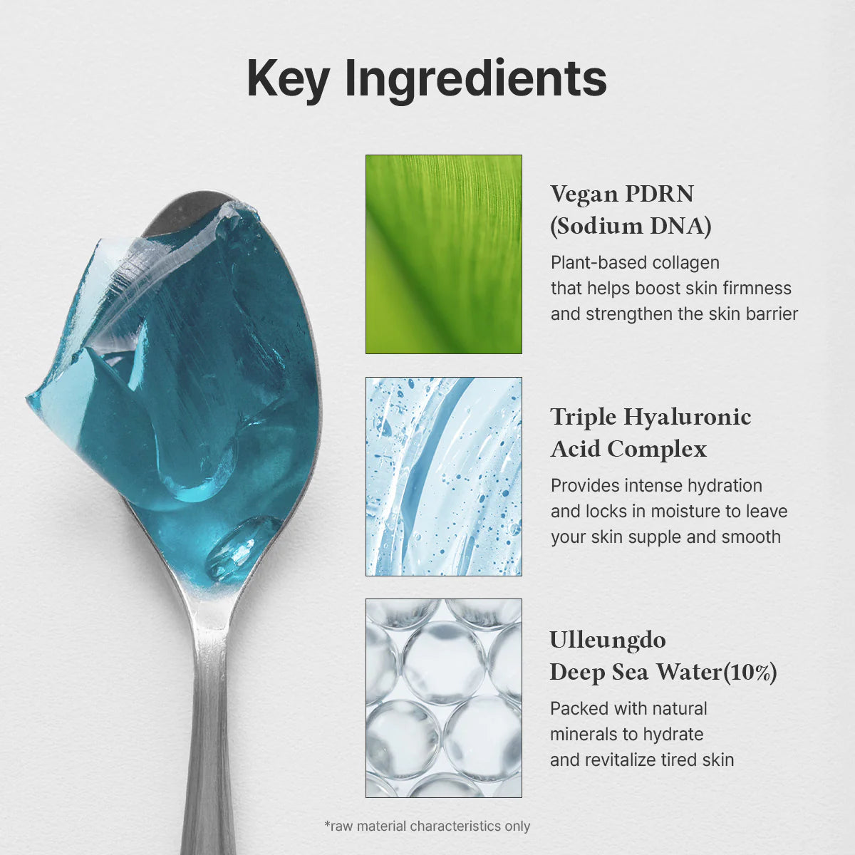 Hoofdingrediënten van de Dr. Althea Aqua Marine Jelly Mist: vegan PDRN, drie vormen hyaluronzuur en tien procent diepzeewater