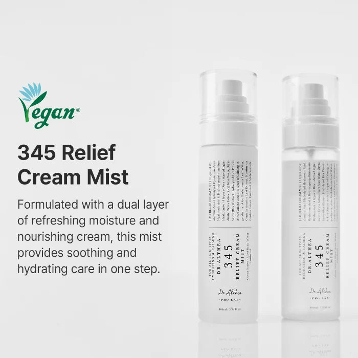 Dr. Althea 345 Relief Cream Mist is vegan en combineert een waterlaag met een crèmelaag