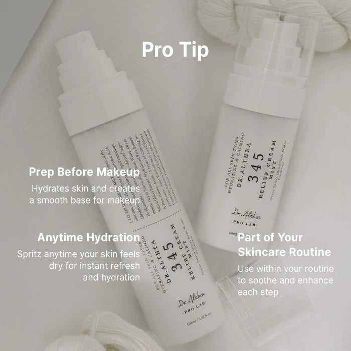 Dr. Althea 345 Relief Cream Mist in 100 ml en 60 ml, te gebruiken voor of na make-up