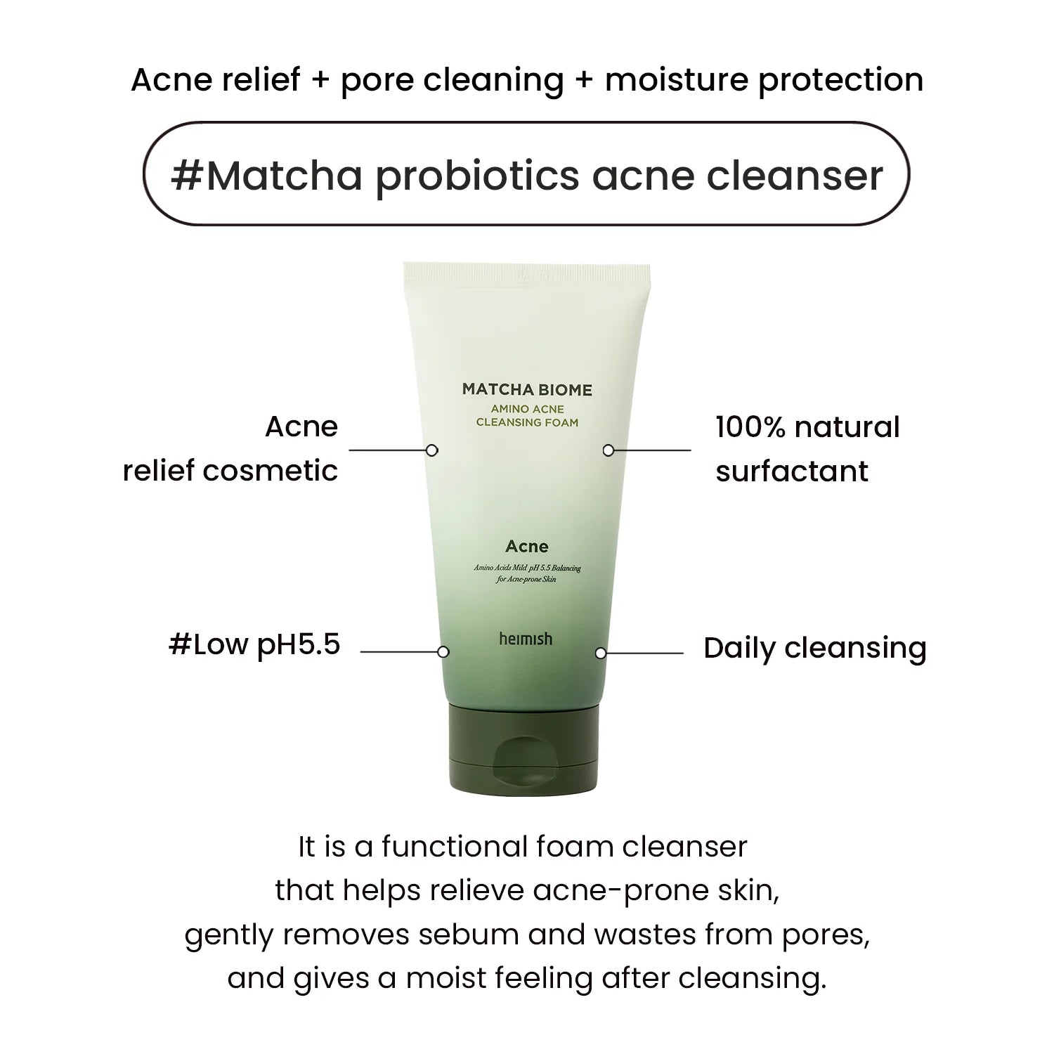 Infographic: kenmerken van de Heimish Matcha Biome acne-reiniger, lage pH 5,5 en 100% natuurlijke surfactant
Matcha + Probiotics venn: Infographic: Matcha Biome combineert matcha en probiotica voor de gevoelige huid