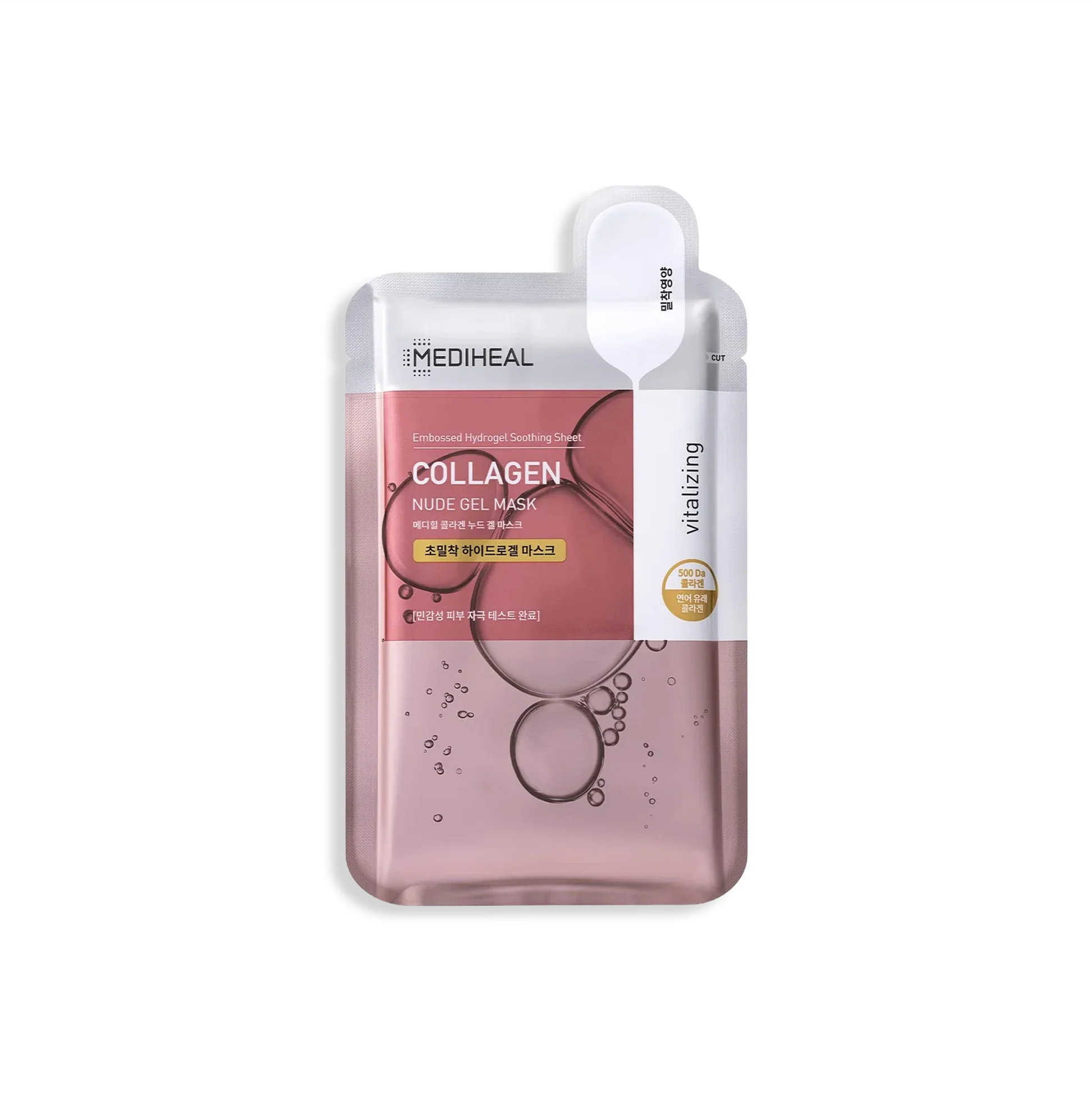 Mediheal Collagen Nude Gel Beauty Mask sachet met roze verpakking en vermelding 500 Da collageen