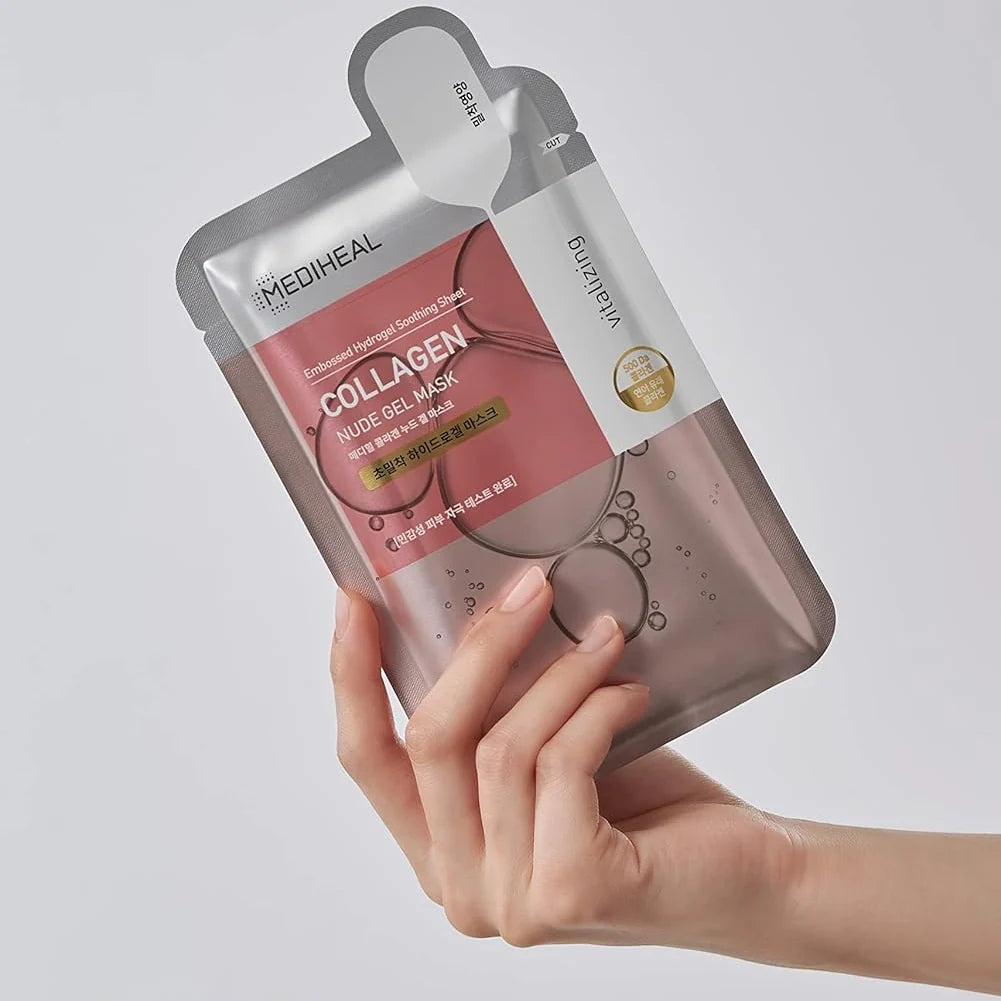 Mediheal Collagen Nude Gel Beauty Mask sachet in de hand, formaat ter vergelijking