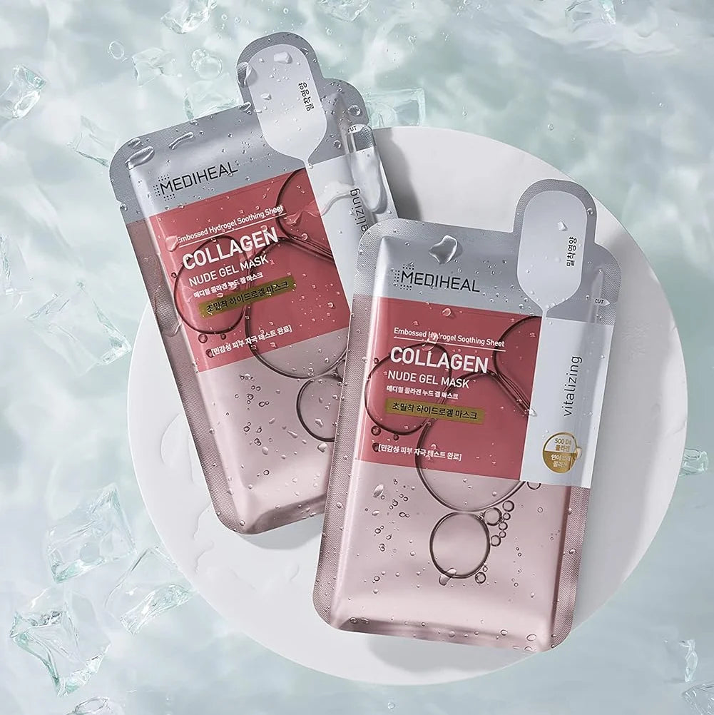 Twee sachets Mediheal Collagen Nude Gel Beauty Mask op ijs voor het koelende effect