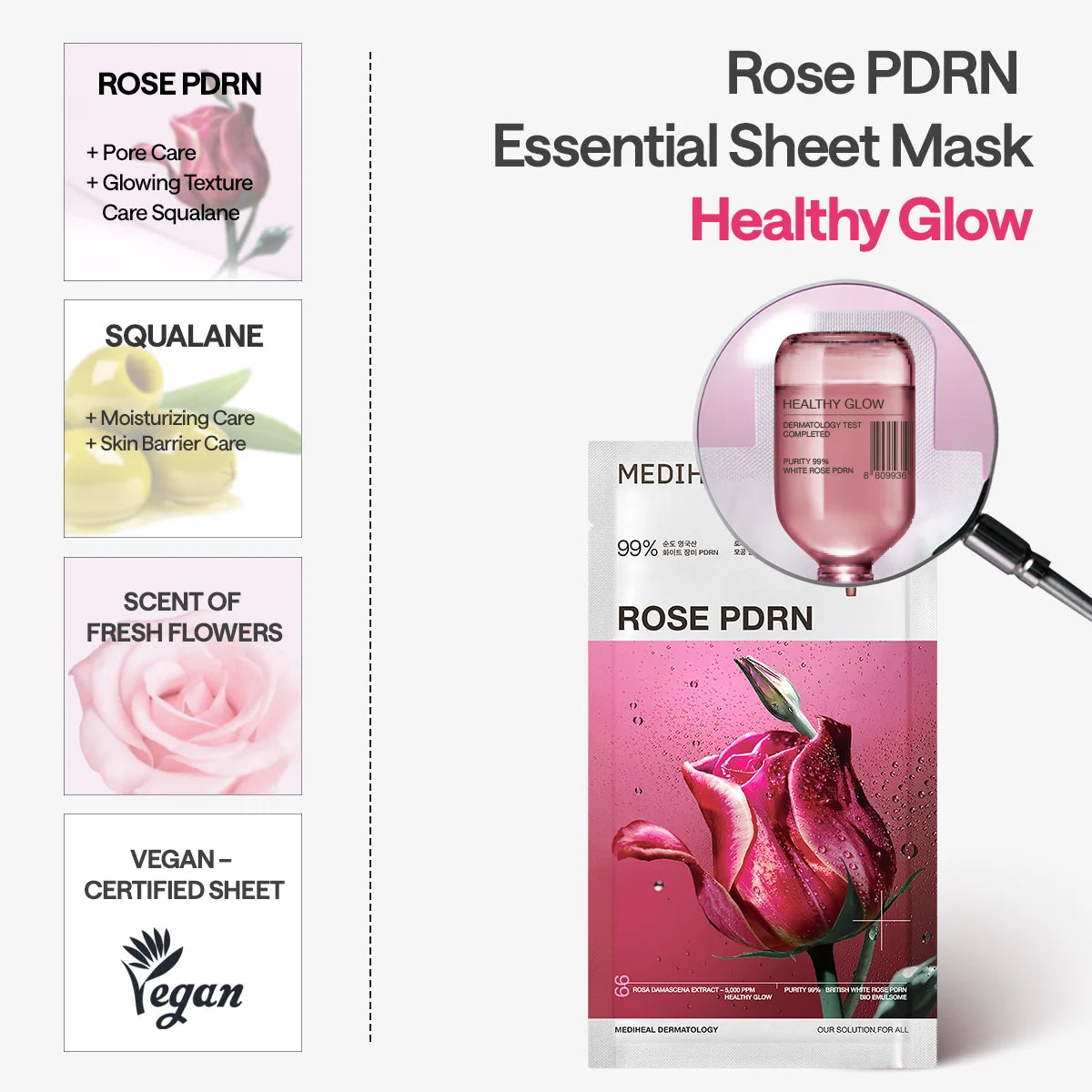 Rose PDRN, squalaan en bloemengeur in het Mediheal Essential Mask Rose PDRN
