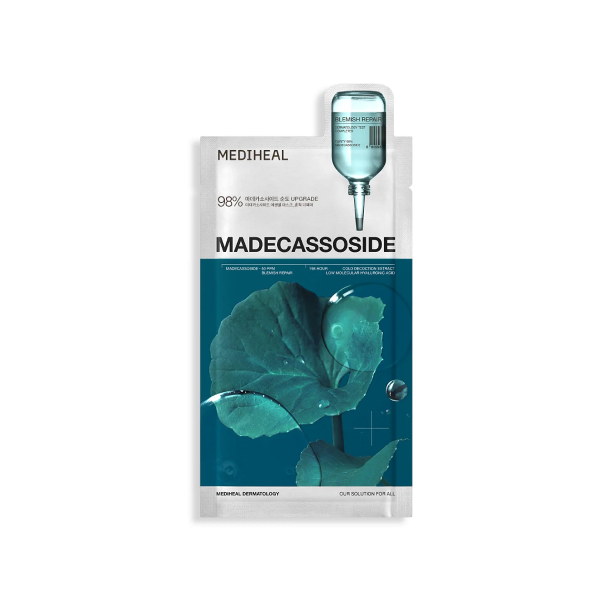 Mediheal Madecassoside Essential Mask Blemish Repair sheet masker in teal verpakking met centella blad
