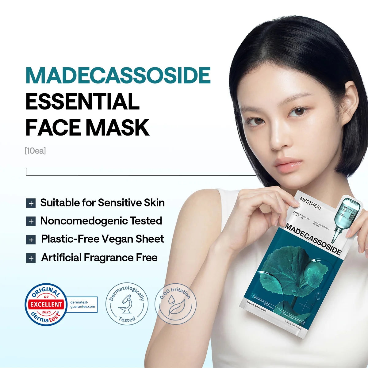 keurmerken	Model houdt het Mediheal Madecassoside masker vast, met Dermatest-beoordeling en vegan doek