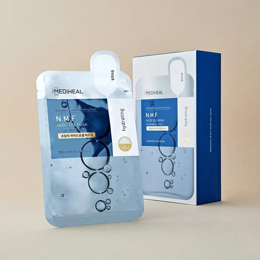 Het N.M.F Nude Gel masker naast de verpakking van tien stuks