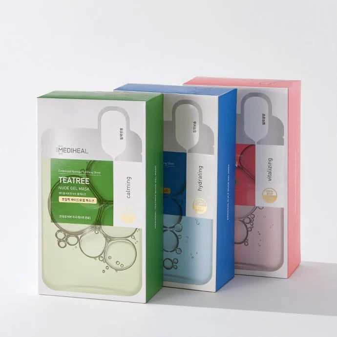 Verpakkingen van de Mediheal Nude Gel Mask reeks: Teatree, N.M.F en Collagen