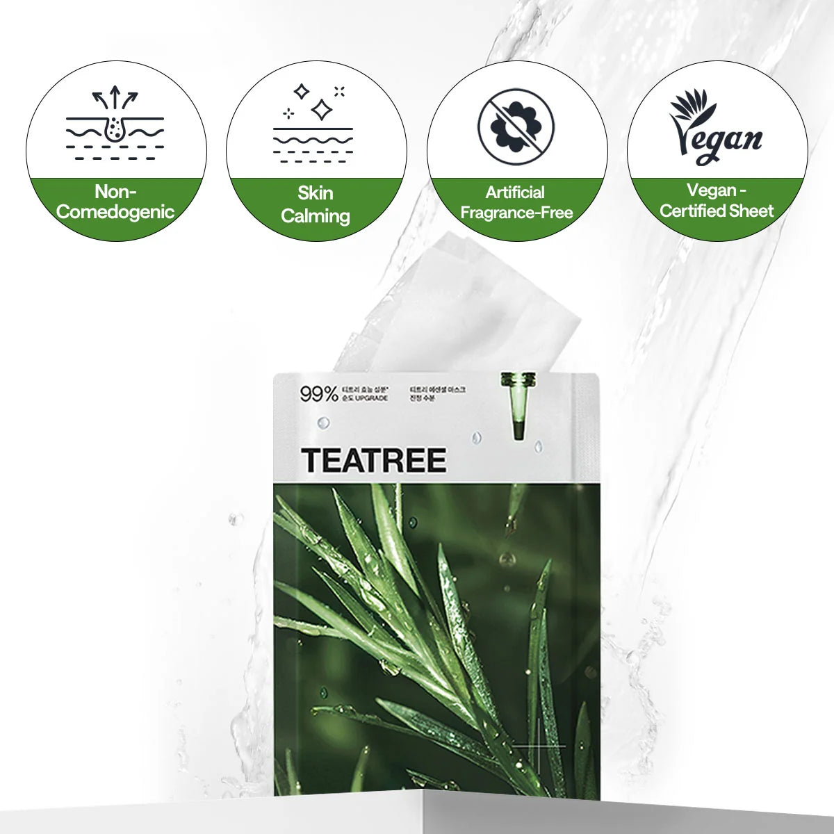Mediheal Teatree Essential Mask is niet-comedogeen, kalmerend, zonder kunstmatig parfum en met vegan gecertificeerd doek
