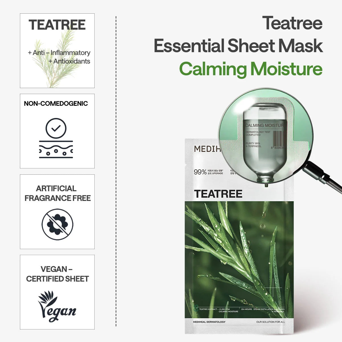 Overzicht van het Mediheal Teatree Essential Mask: tea tree, niet-comedogeen, zonder kunstmatig parfum en vegan doek