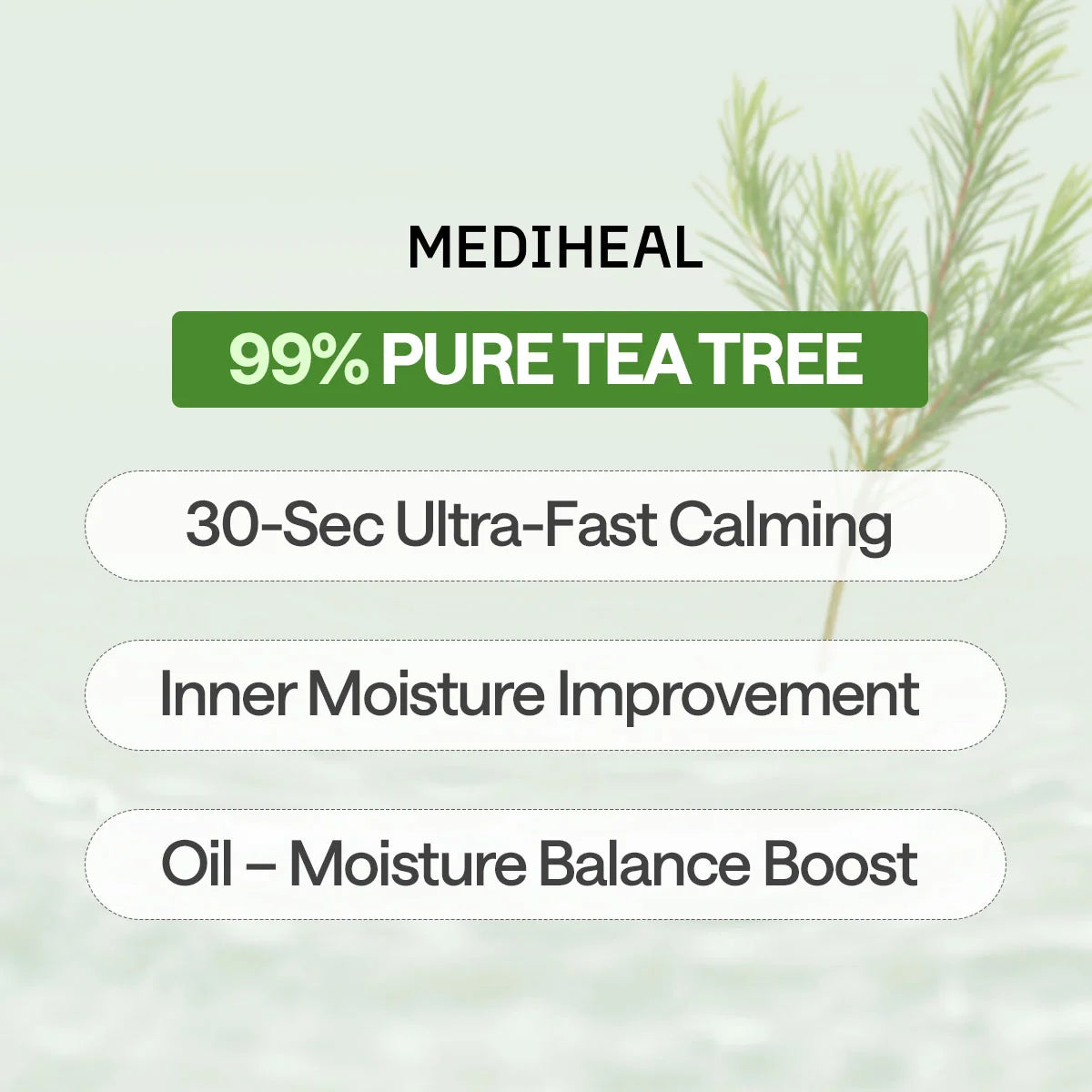 Drie werkingen van het Mediheal Teatree Essential Mask: snelle kalmering, meer vocht en balans tussen talg en vocht