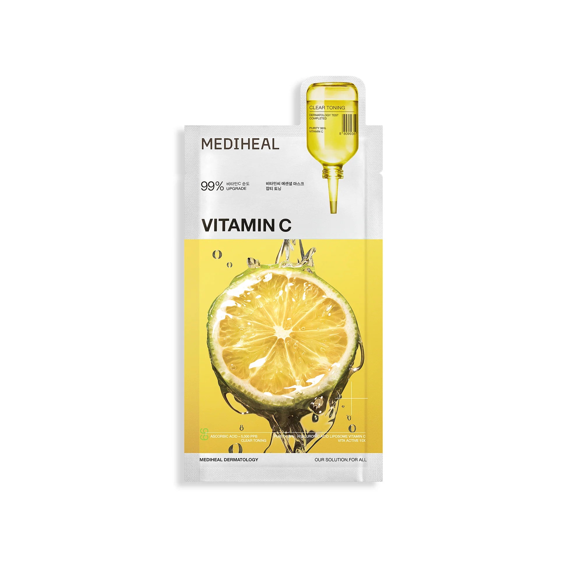 Mediheal Vitamin C Essential Mask Clear Toning sachet met citroen op gele verpakking
