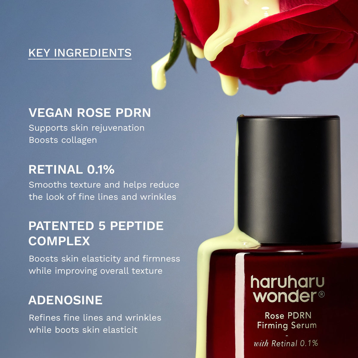 Belangrijkste ingrediënten van het Haruharu Wonder Rose PDRN Firming Serum: vegan rozen-PDRN, 0,1% retinal, 5 peptide complex, adenosine