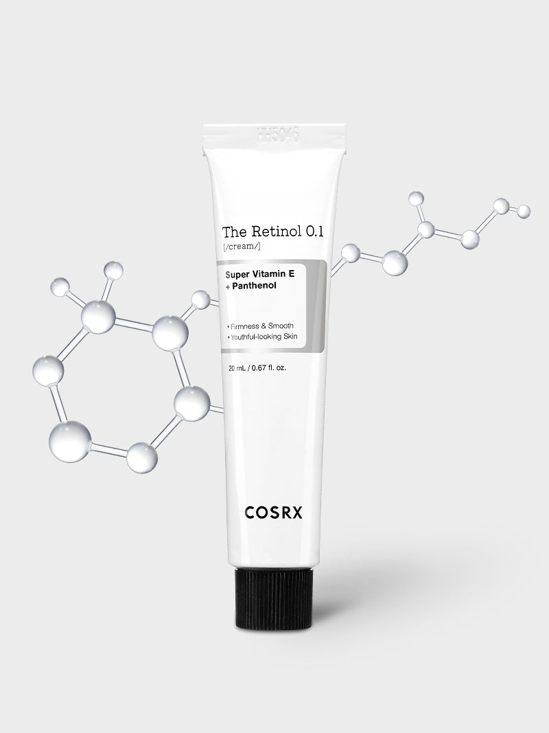 COSRX The Retinol 0.1 Cream 20ml, tube met retinolmolecuul op grijze achtergrond