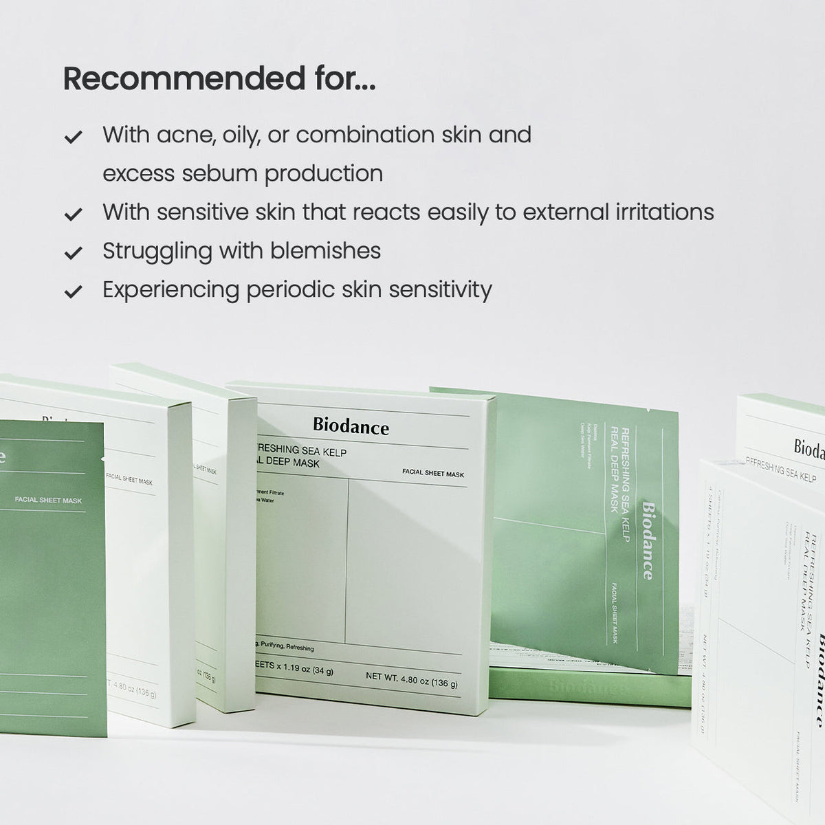 Aanbevolen voor: acnegevoelige, vette en gecombineerde huid, doos Biodance Refreshing Sea Kelp masker