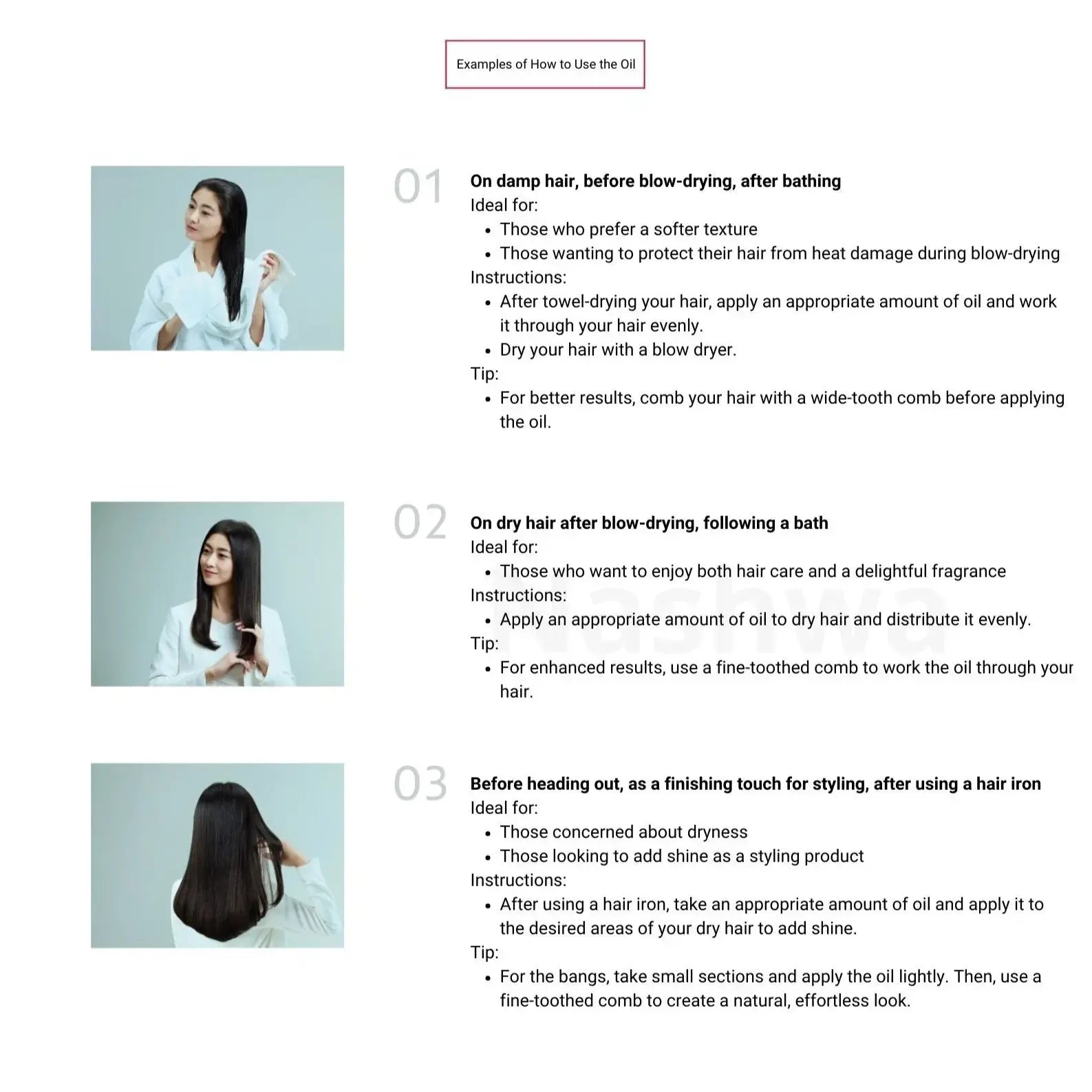 Shiseido Fino Hair Oil gebruiksvoorbeelden - op vochtig haar, droog haar en als stylingafwerking