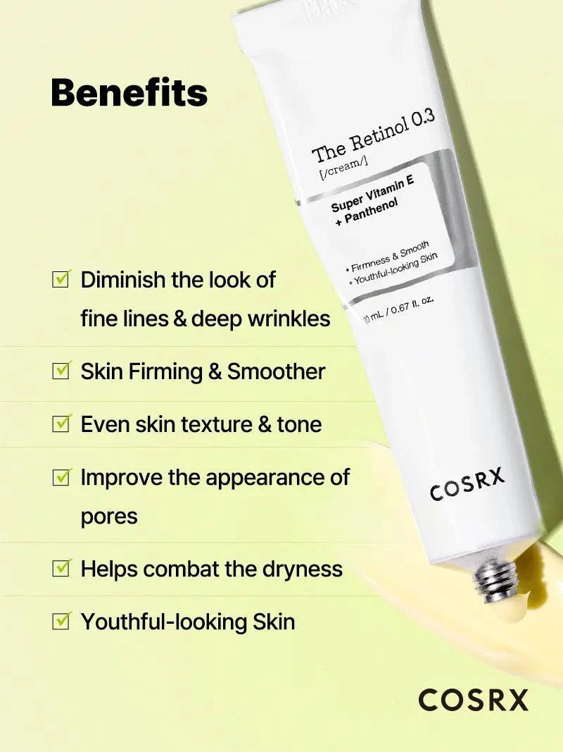 Voordelen van de COSRX The Retinol 0.3 Cream: minder zichtbare rimpels, stevigere en gladdere huid, verfijnde poriën