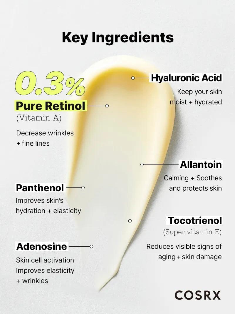 Belangrijkste ingrediënten van de COSRX The Retinol 0.3 Cream: 0,3% retinol, hyaluronzuur, alantoïne, panthenol, tocotrienol, adenosine