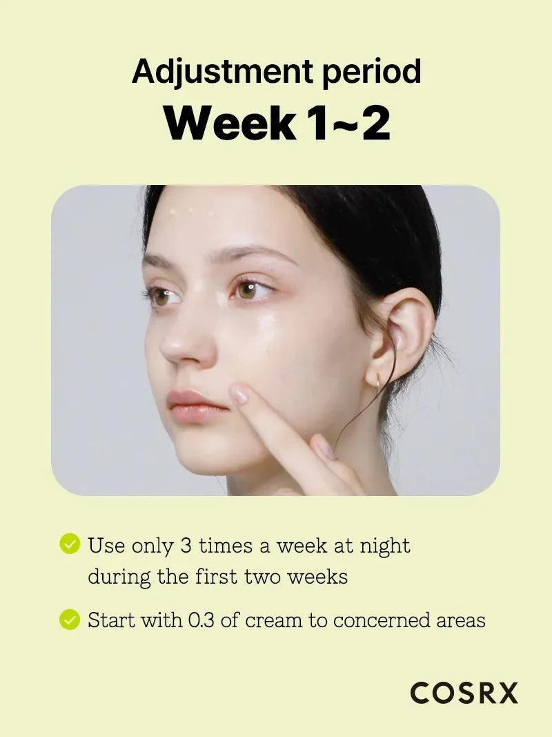 Gewenningsperiode week 1 en 2 met de COSRX The Retinol 0.3 Cream: 3 keer per week 's avonds
