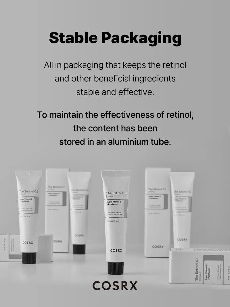Stabiele aluminium verpakking van de COSRX The Retinol 0.3 Cream houdt retinol werkzaam