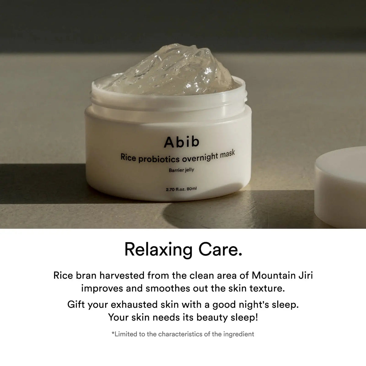 Open pot Abib Rice Probiotics Overnight Mask met jelly, rijstzemelen van de Jiri-berg