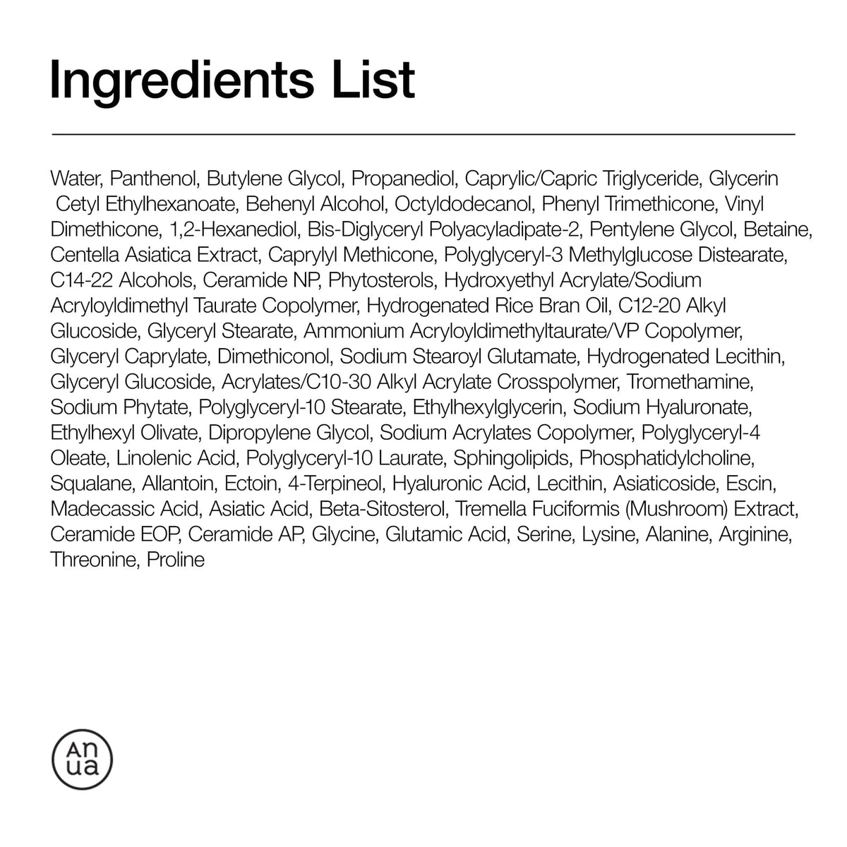 Ingrediëntenlijst van de Anua 3 Ceramide Panthenol Moisture Barrier Cream