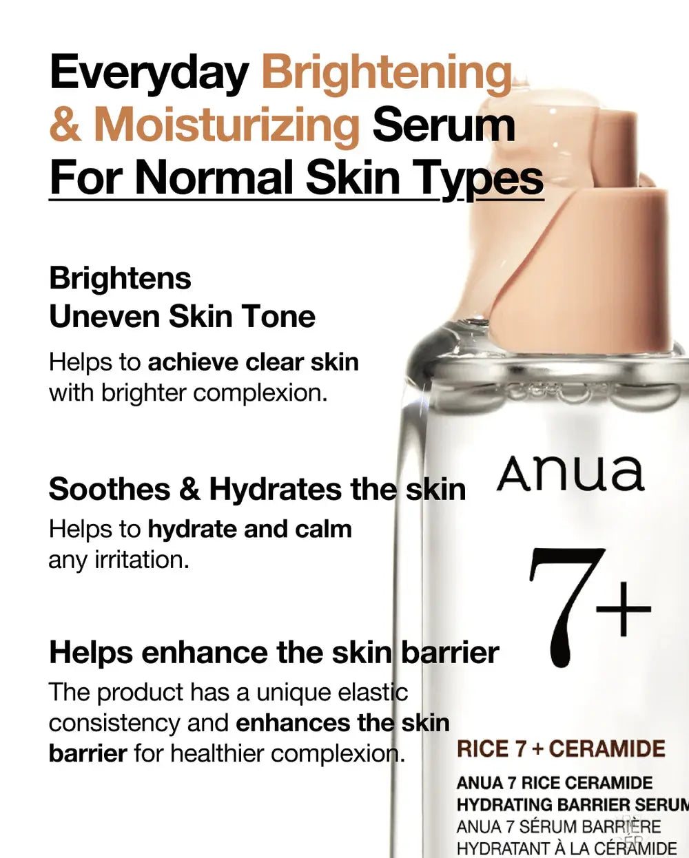 Anua 7 Rice Ceramide Hydrating Barrier Serum egaliseert de teint, kalmeert, hydrateert en versterkt de huidbarrière