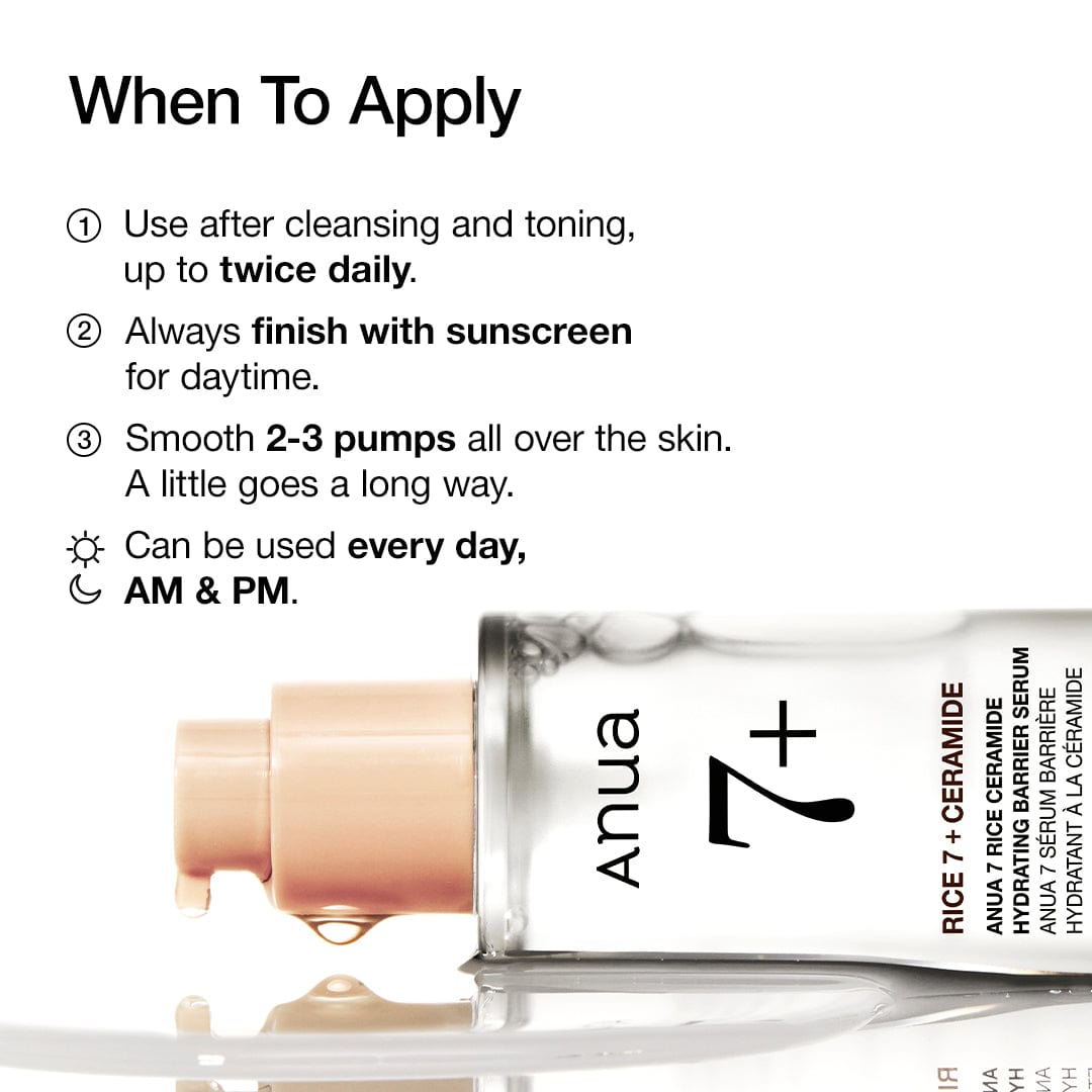 Anua 7 Rice Ceramide Hydrating Barrier Serum, gebruik: 2 tot 3 pompjes na reiniging en toner, ochtend en avond
