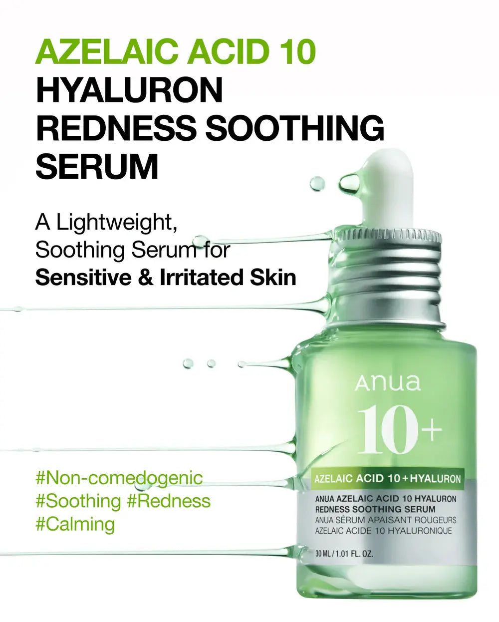 Anua Azelaic Acid 10 Hyaluron Redness Soothing Serum, licht kalmerend serum voor de gevoelige huid