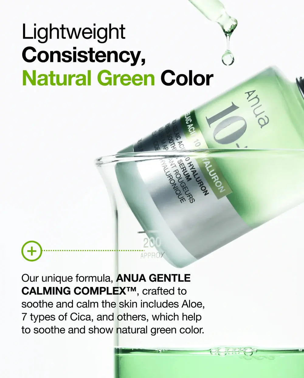 Anua Azelaic Acid 10 Hyaluron Redness Soothing Serum, lichte textuur en natuurlijke groene kleur door aloë en cica
