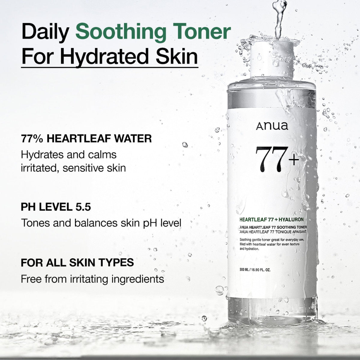 Anua Heartleaf 77 Soothing Toner met 77% heartleaf, pH 5,5 en geschikt voor alle huidtypes