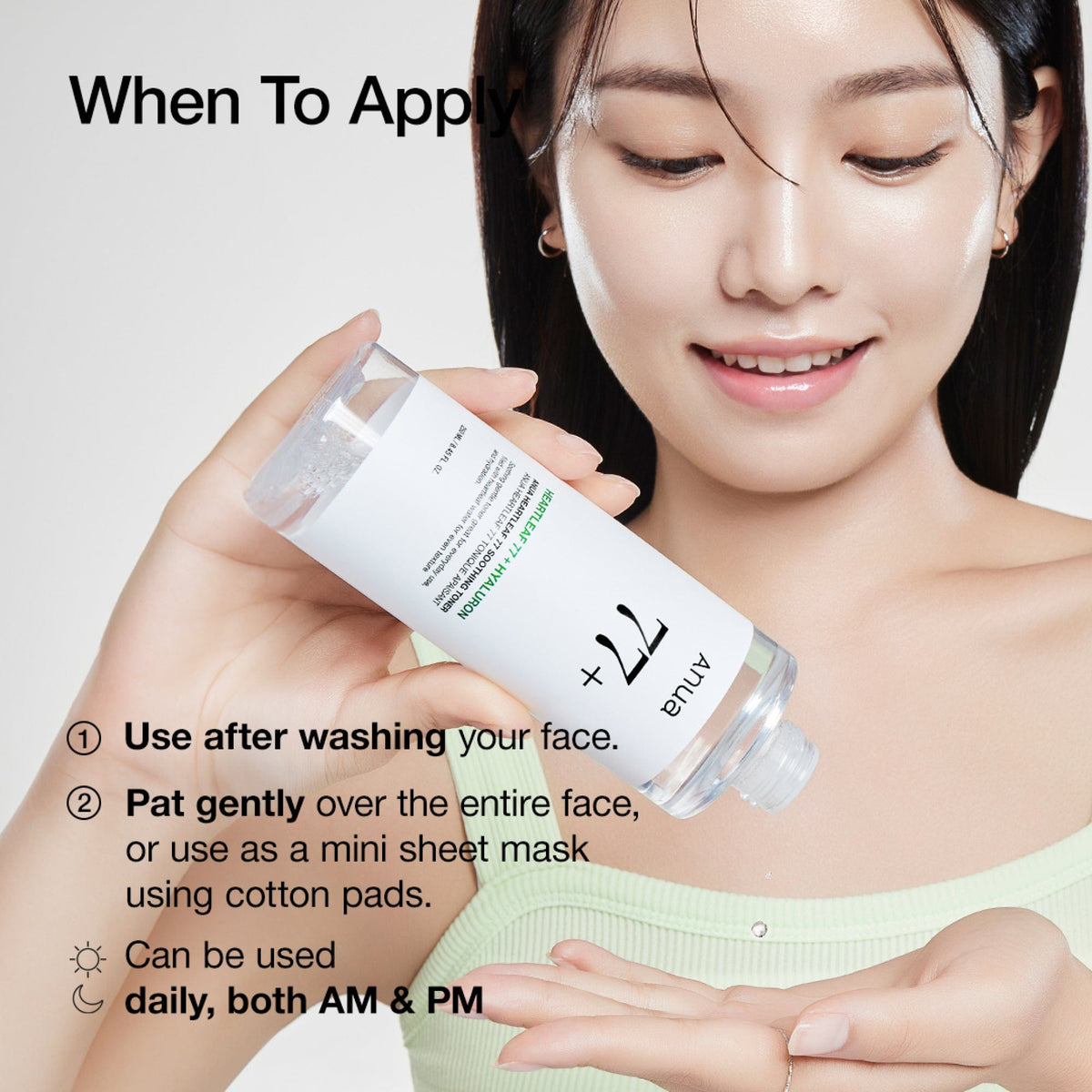 Anua Heartleaf 77 Soothing Toner, gebruik na het reinigen met de handen of een wattenschijfje