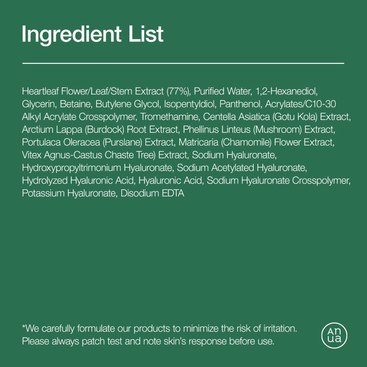 Anua Heartleaf 77 Soothing Toner, volledige ingrediëntenlijst