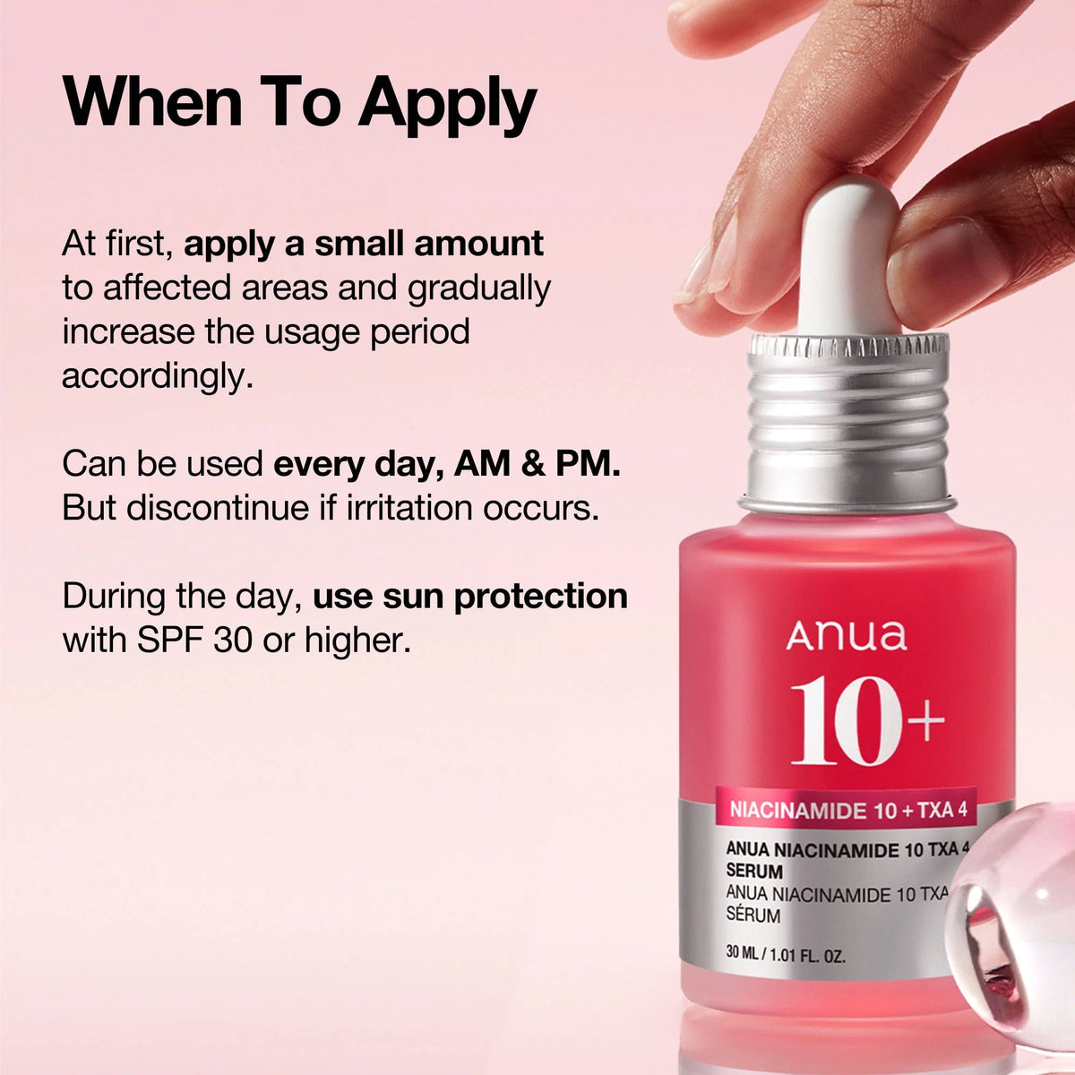 Anua Niacinamide Serum gebruiksaanwijzing - aanbrengen ochtend en avond met SPF overdag
