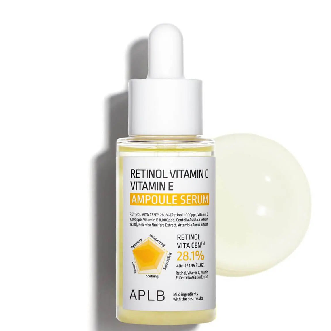 APLB Retinol Vitamin C Vitamin E Ampoule Serum 40 ml, flacon met pipet en een druppel serum