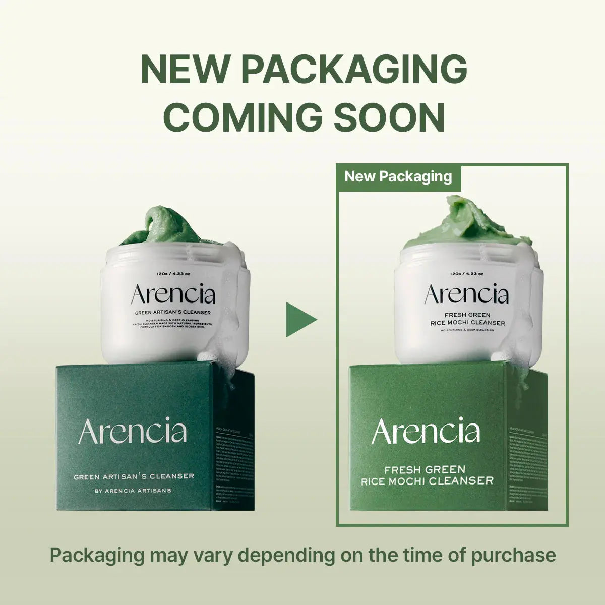 Arencia Fresh Green Rice Mochi Cleanser, oude en nieuwe verpakking