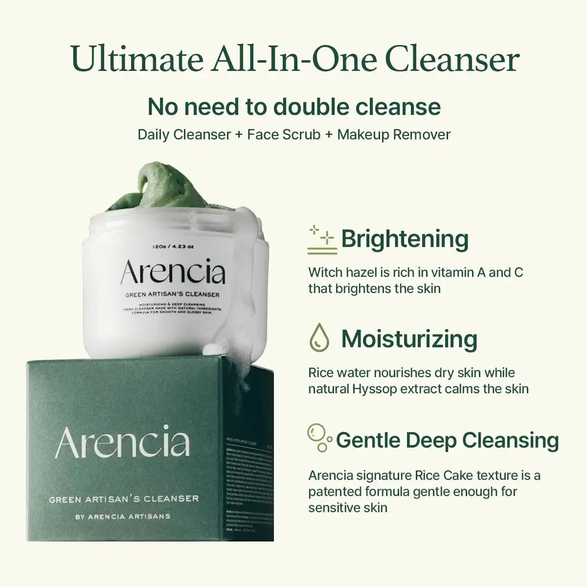 Arencia Fresh Green Rice Mochi Cleanser, alles-in-één: reiniger, scrub en make-upremover