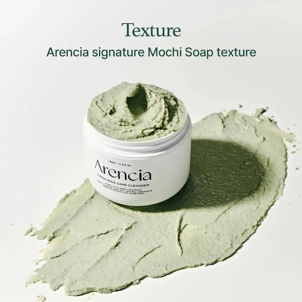 Arencia Fresh Green Rice Mochi Cleanser, groene mochi-textuur rond de pot