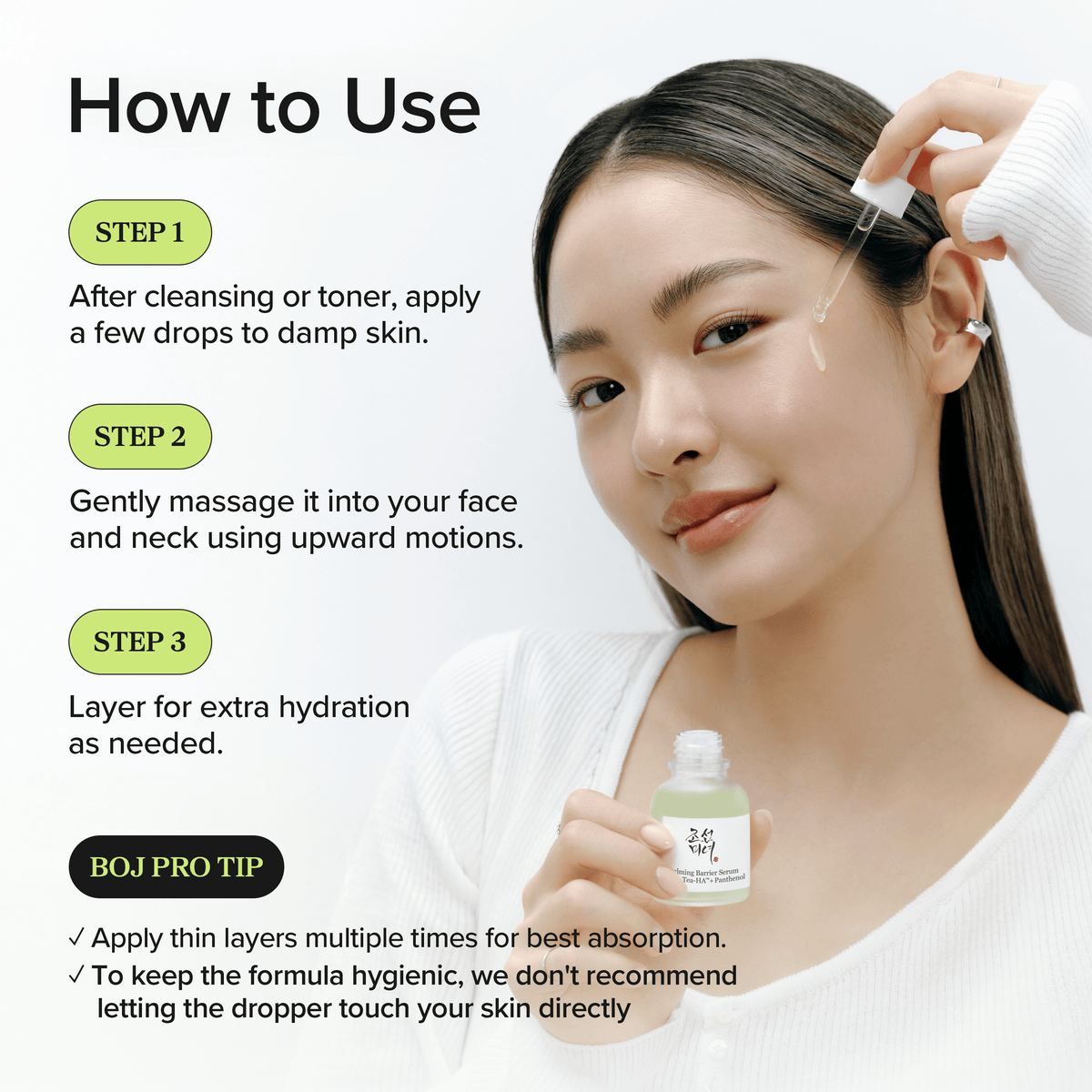 Zo gebruik je het Beauty of Joseon Calming Barrier Serum: druppels op een vochtige huid, inmasseren en in laagjes opbouwen
