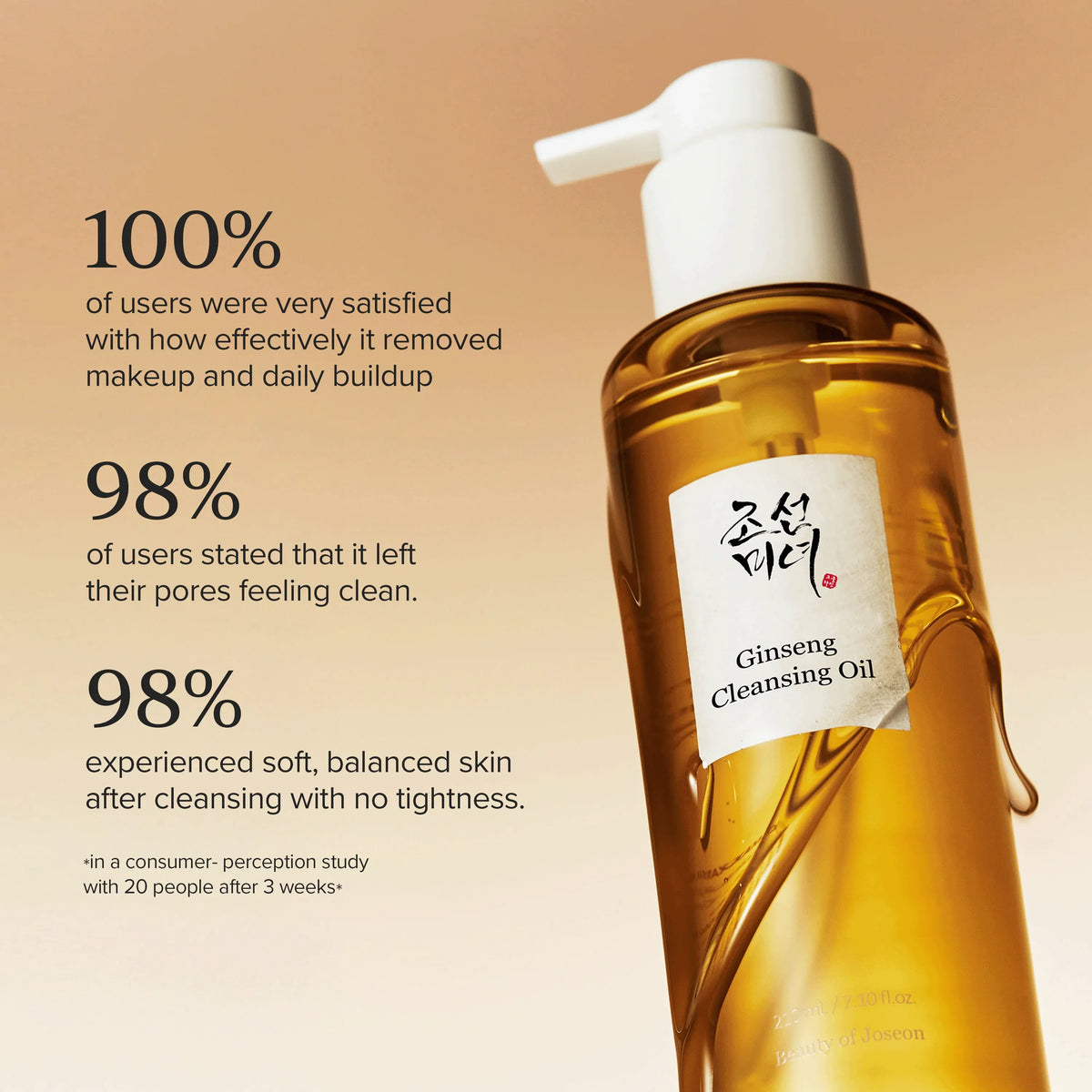 Testresultaten Beauty of Joseon Ginseng Cleansing Oil: 100% tevreden over make-up verwijderen, 98% schone poriën, 98% zachte huid