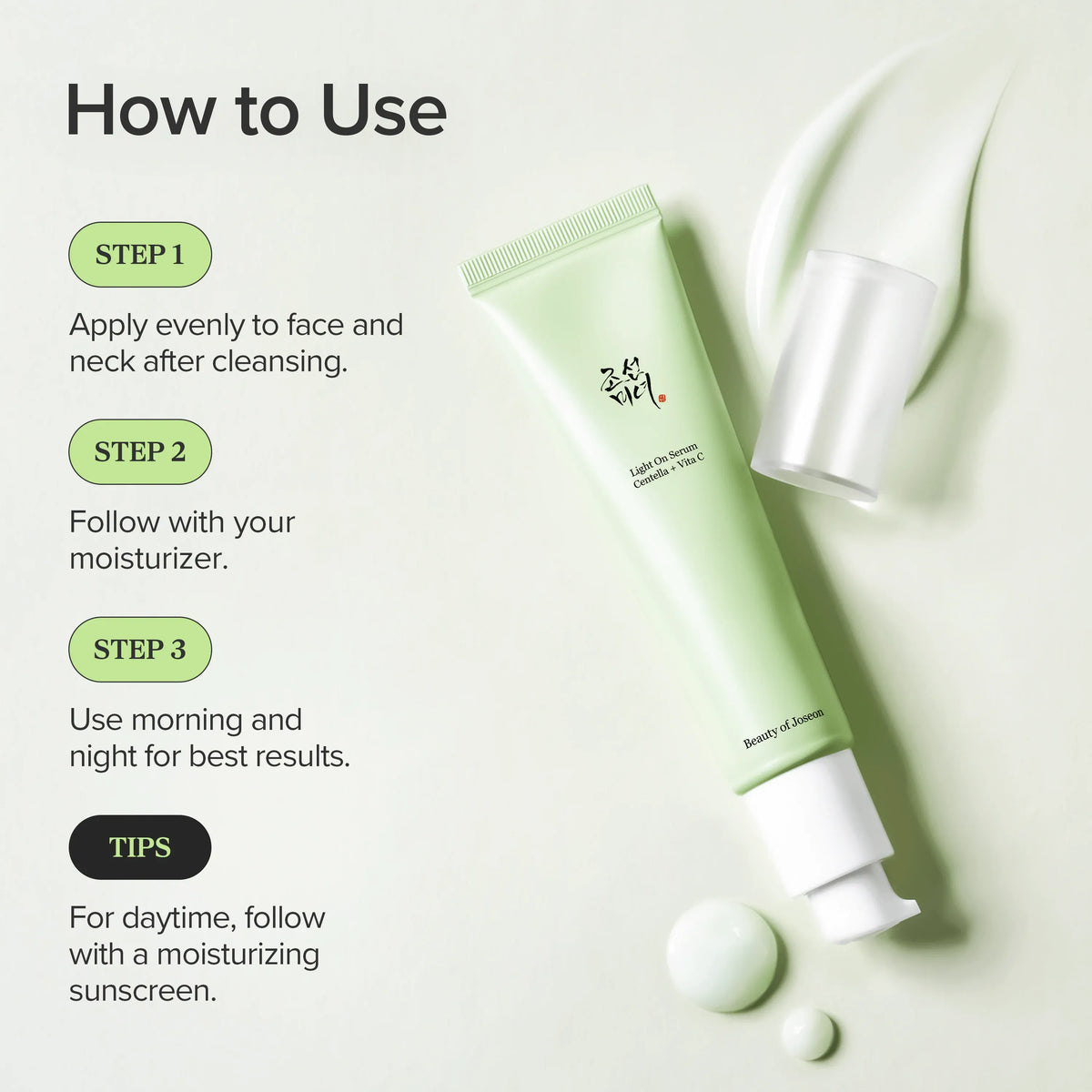 Zo gebruik je de Beauty of Joseon Light On Serum: op gezicht en hals, daarna moisturizer en overdag zonnebrand