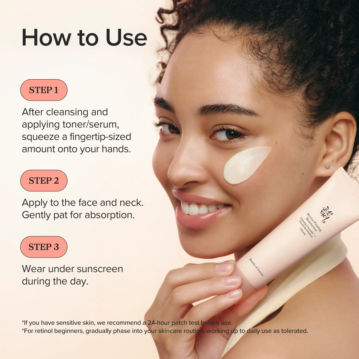 Zo gebruik je de Beauty of Joseon Revive Firming Moisturizer: na toner en serum op gezicht en hals, overdag zonnebrand