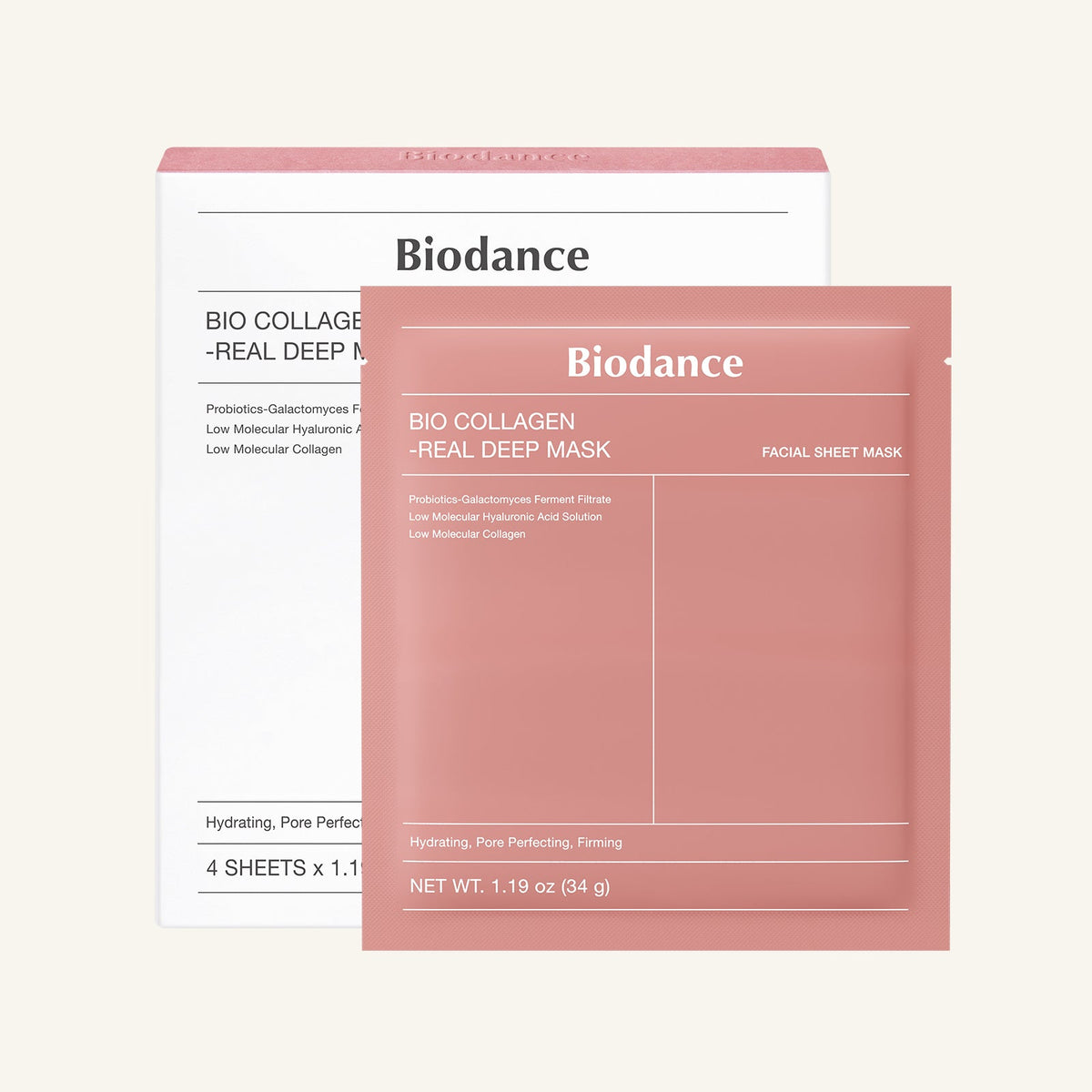 Doos en sachet van het Biodance Bio-Collagen Real Deep Mask; je koopt 1 masker (34 g)