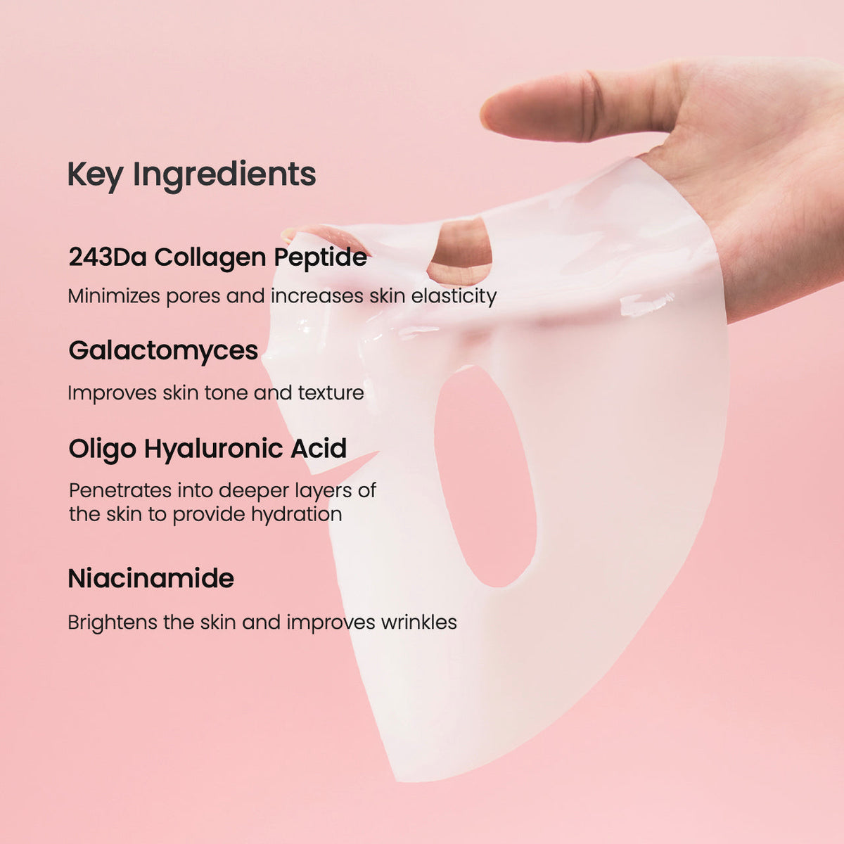 Belangrijkste ingrediënten van het Biodance Bio-Collagen masker: collageenpeptide, galactomyces, oligo-hyaluronzuur en niacinamide