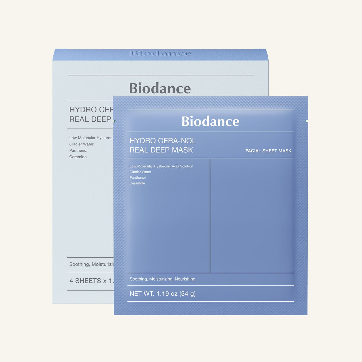 Doos en sachet van het Biodance Hydro Cera-nol Real Deep Mask; je koopt 1 masker (34 g)