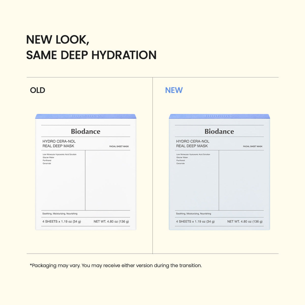 Oude en nieuwe verpakking van het Biodance Hydro Cera-nol Real Deep Mask, zelfde diepe hydratatie