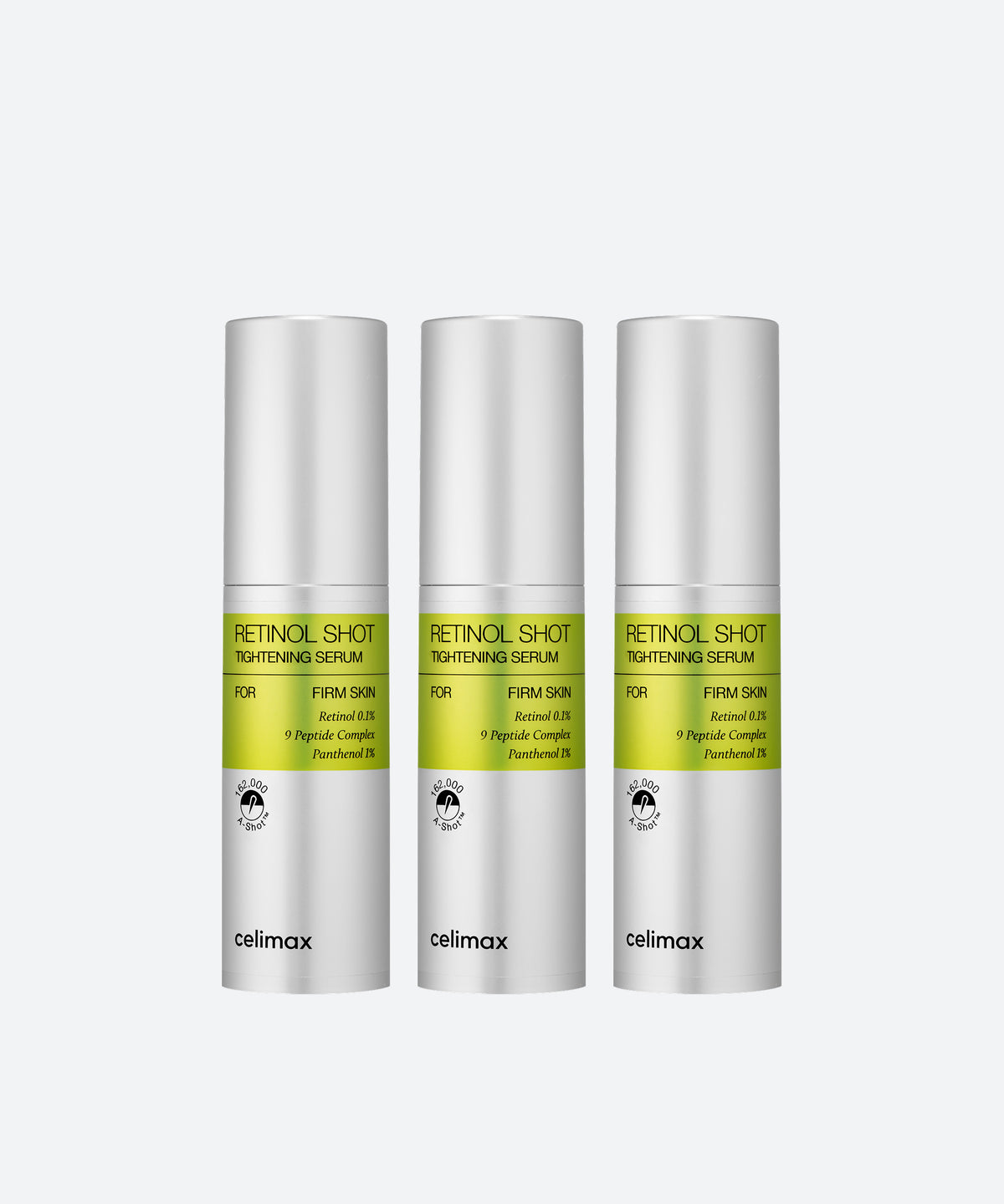 Drie flesjes Celimax Vita A Retinol Shot Tightening Serum op een rij