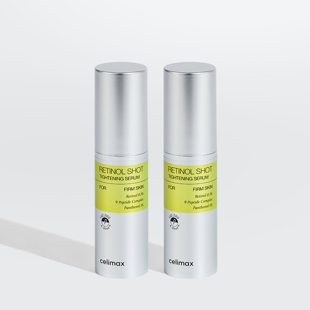 Twee flesjes Celimax Retinol Shot Serum met dop op grijze achtergrond
