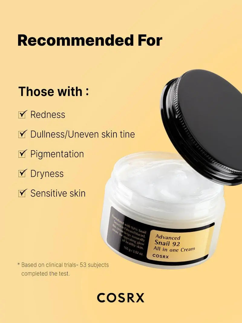 COSRX Advanced Snail 92 All In One Cream aanbevolen bij roodheid, doffe huid, pigmentatie en gevoelige huid
