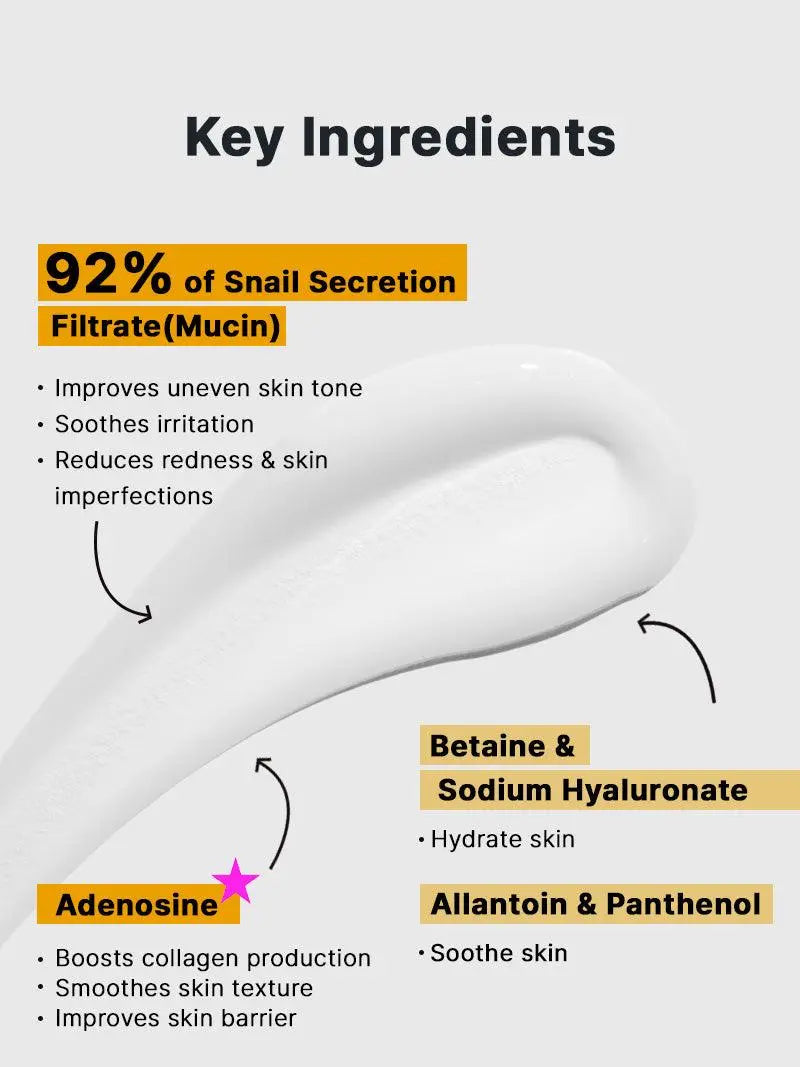 COSRX Advanced Snail 92 All In One Cream, ingrediënten: 92% slakkenslijm, adenosine, betaïne, allantoïne en panthenol
